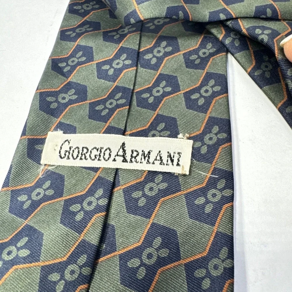 Vintage Giorgio Armani Men's Silk Necktie Green Blue Navy Geometric Classic 1980